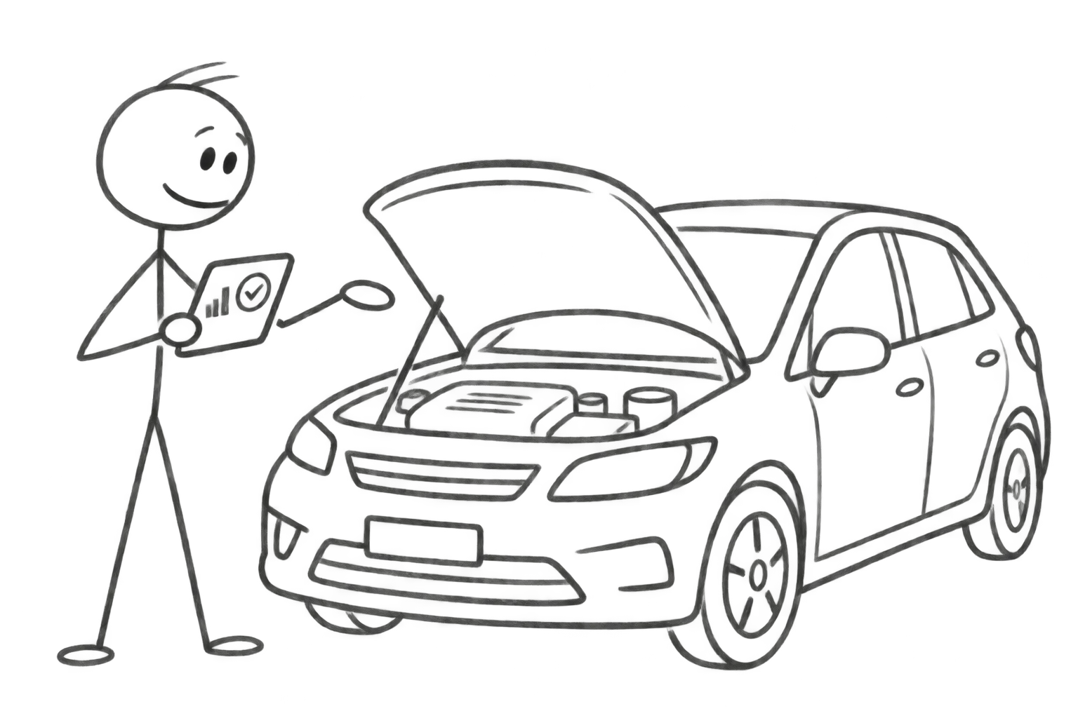 Ranka pieštas meistras su planšete prie automobilio atidarytu kapotu